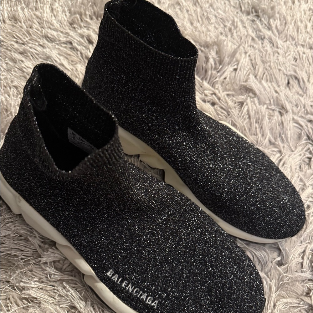 Balenciaga Black/Silver Lurex Fabric Speed Trainer Sneakers View 5